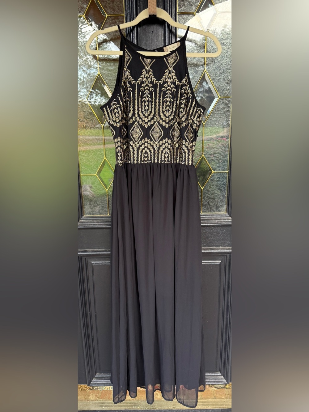 Altar'd State Black Maxi Dress with Gold Embellished Bodice - Size Medium (EUC)